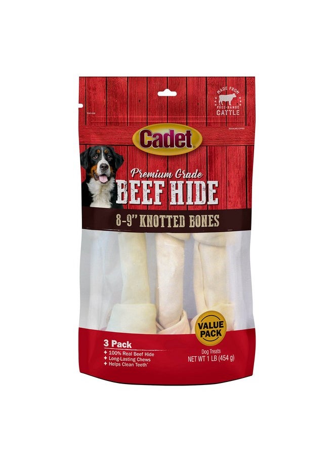 Cadet Cadet Premium Grade Beef Hide for Dogs, Long Lasting Rawhide Knotted Bones Single Ingredient Dog Chews, 8"-9" Dog Bones, 3 Pack  - Image 1