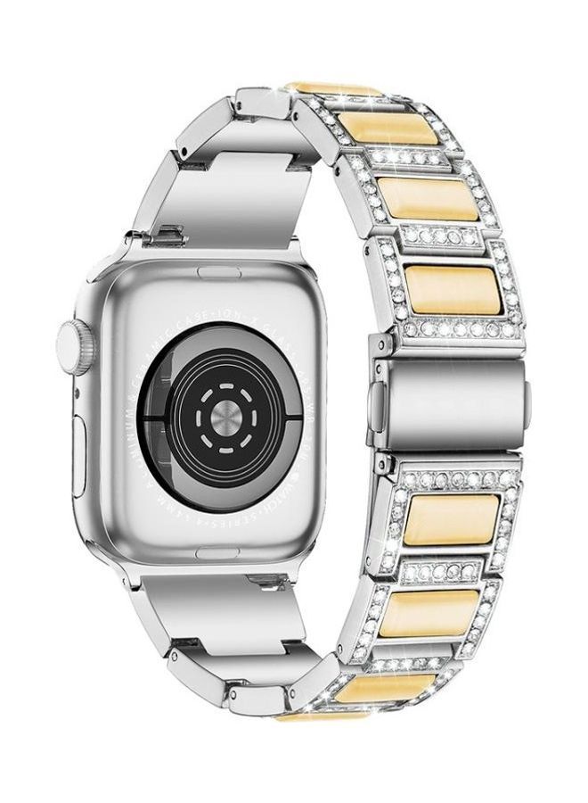 NIBEMINENT Three-Beads Diamond Gemstone Replacement Strap Watchband For Apple Watch Series 1/2/3/4/5/6/7/SE 42-44-45mm Silver/White - Image 2