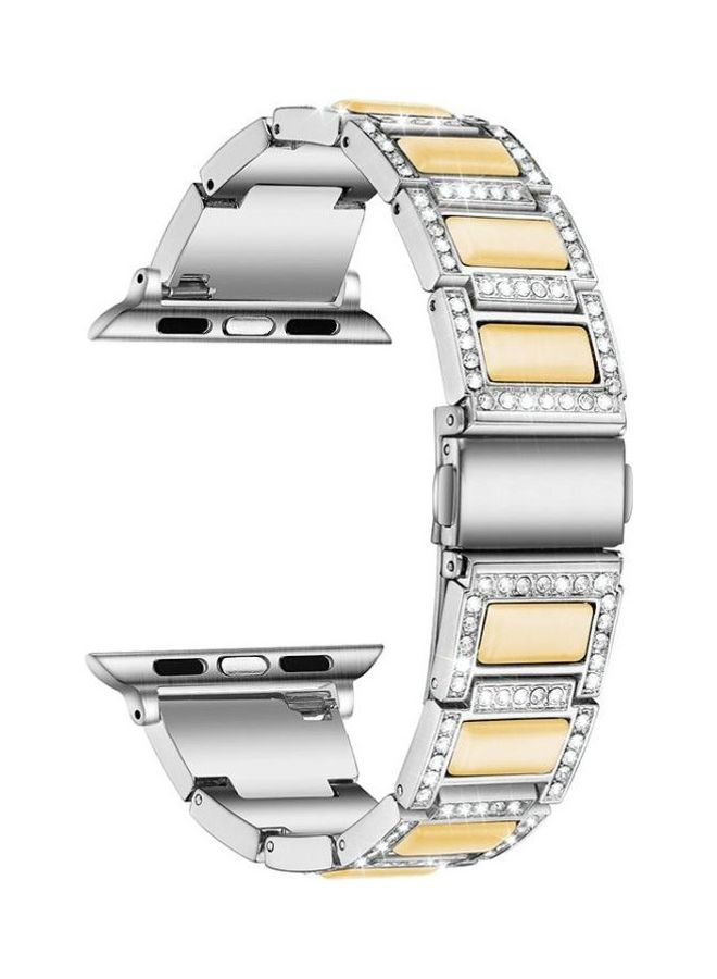 NIBEMINENT Three-Beads Diamond Gemstone Replacement Strap Watchband For Apple Watch Series 1/2/3/4/5/6/7/SE 42-44-45mm Silver/White - Image 1