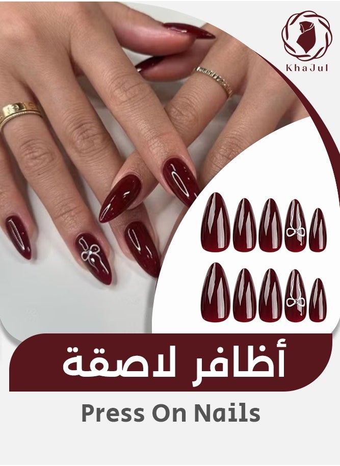 KHAJUL 24-Piece Fake Nails with Bow Rhinestones Design Include Jelly Stickers and Nail File and Small Wooden Stick, Alcohol Cotton (Red)  - Image 1