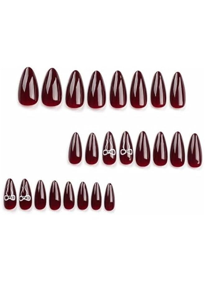 KHAJUL 24-Piece Fake Nails with Bow Rhinestones Design Include Jelly Stickers and Nail File and Small Wooden Stick, Alcohol Cotton (Red)  - Image 2