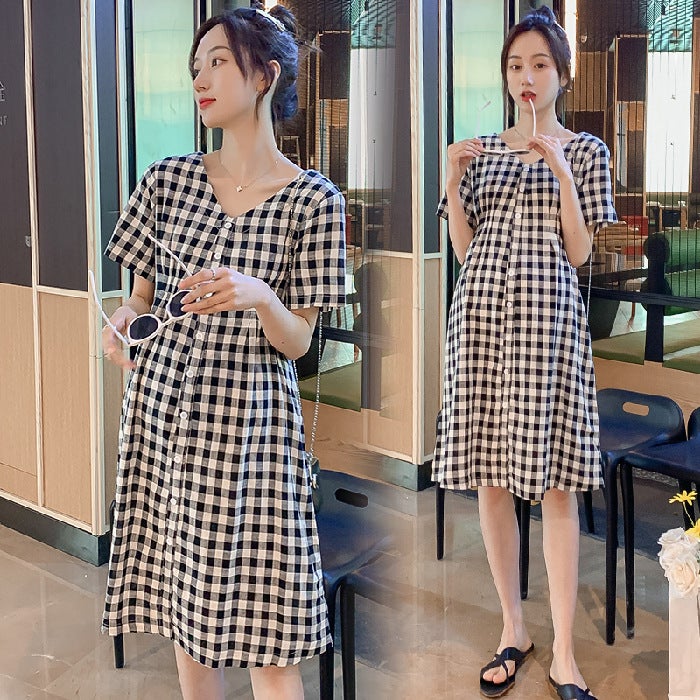 Maternity Summer V-Neck Plaid Loose Dress Plaid V-Neck Skirt