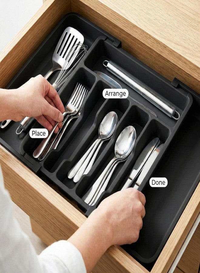 Tarev Drawer Organizer Tray/Kitchen Expandable Utensil Tray/Adjustable Utensil Organizer/Cutlery Silverware Flatware Holder/Divider for Spoons Forks Knives Tableware (Black, 1 Pcs) - Image 3