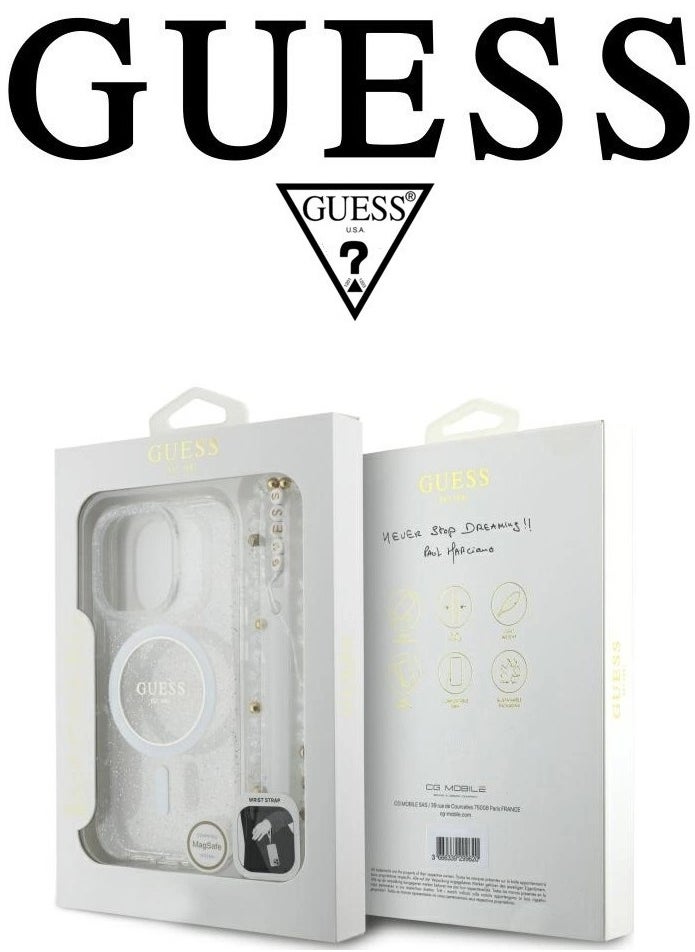 Back Case for iPhone 16 Pro Max, supports MagSafe wireless charging, camera bumper, clear color, original design approved by GUESS, designed in France. By CG MOBILE