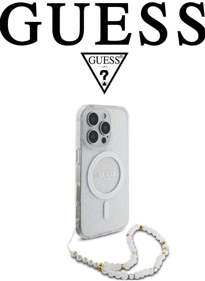 Back Case for iPhone 16 Pro Max, supports MagSafe wireless charging, camera bumper, clear color, original design approved by GUESS, designed in France. By CG MOBILE