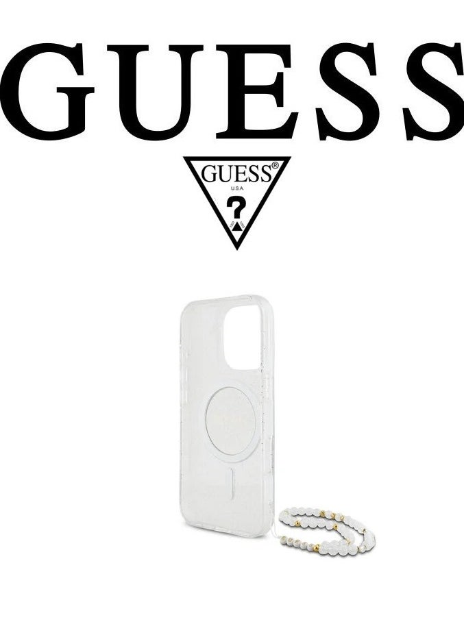 Back Case for iPhone 16 Pro Max, supports MagSafe wireless charging, camera bumper, clear color, original design approved by GUESS, designed in France. By CG MOBILE