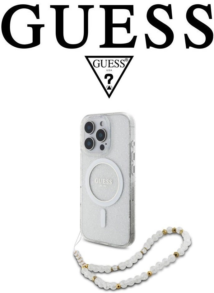 Back Case for iPhone 16 Pro Max, supports MagSafe wireless charging, camera bumper, clear color, original design approved by GUESS, designed in France. By CG MOBILE