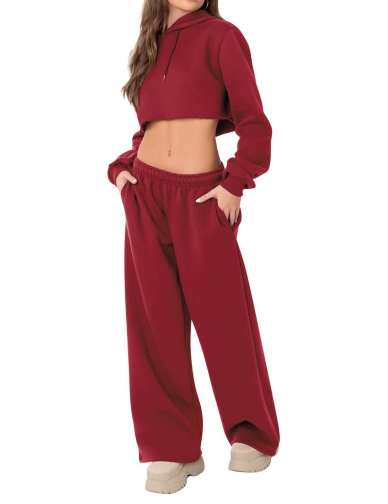 HeSaYep Women's Fleece Lined Sweatpants Wide Leg Baggy High Waisted Sweat Pants Drawstring Lounge Trousers Y2K Straight Leg Sherpa Pants Red M - Image 5