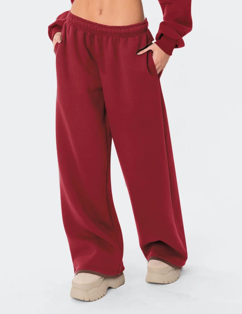 HeSaYep Women's Fleece Lined Sweatpants Wide Leg Baggy High Waisted Sweat Pants Drawstring Lounge Trousers Y2K Straight Leg Sherpa Pants Red M - Image 3