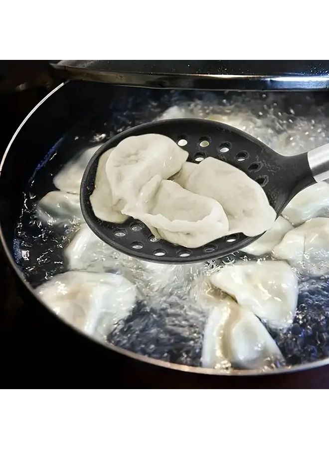 ملعقة مشقوقة من السيليكون المقاوم للحرارة باللون الرمادي، خالية من مادة BPA، غير لاصقة، مع مقبض من الفولاذ المقاوم للصدأ، للطهي والتقديم. - Image 4