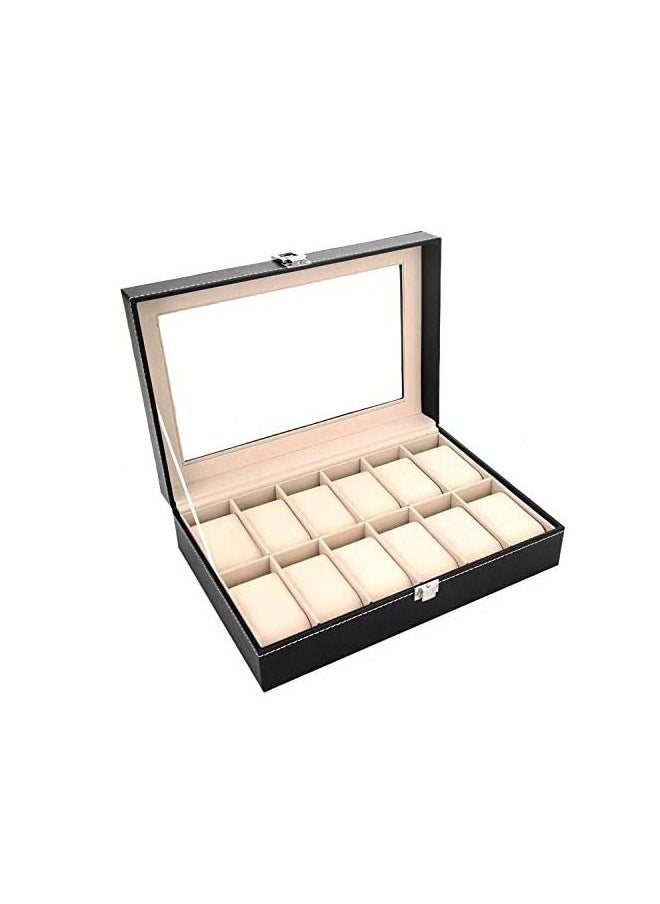 PADOM Padom PU Leather Watch Box, Watch Holder, Watch Organizer with Glass Lid, Watch Case with Removable Watch Pillow, Velvet Lining, Metal Clasp, Watch Display (12 Slot)  - Image 1