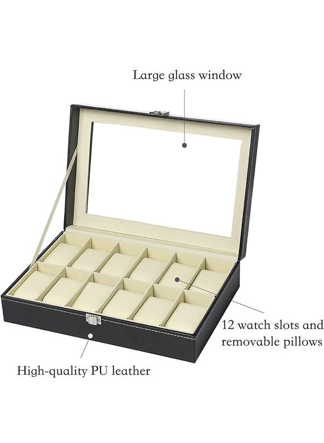 PADOM Padom PU Leather Watch Box, Watch Holder, Watch Organizer with Glass Lid, Watch Case with Removable Watch Pillow, Velvet Lining, Metal Clasp, Watch Display (12 Slot)  - Image 4