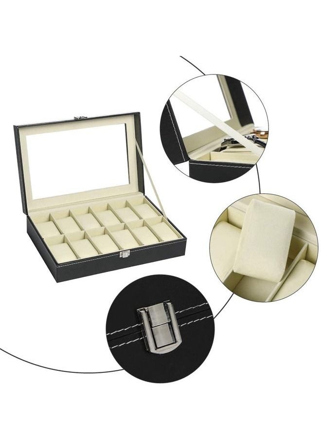 PADOM Padom PU Leather Watch Box, Watch Holder, Watch Organizer with Glass Lid, Watch Case with Removable Watch Pillow, Velvet Lining, Metal Clasp, Watch Display (12 Slot)  - Image 2