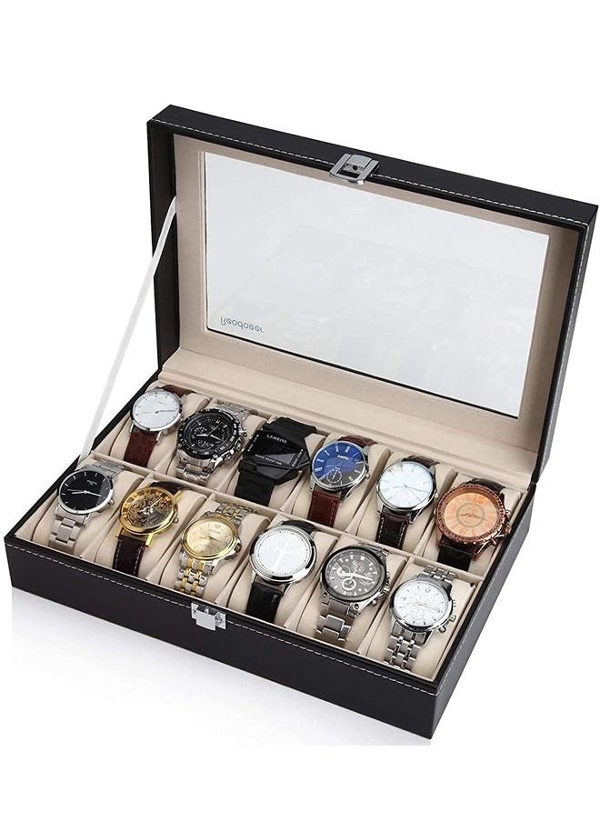 PADOM Padom PU Leather Watch Box, Watch Holder, Watch Organizer with Glass Lid, Watch Case with Removable Watch Pillow, Velvet Lining, Metal Clasp, Watch Display (12 Slot)  - Image 3