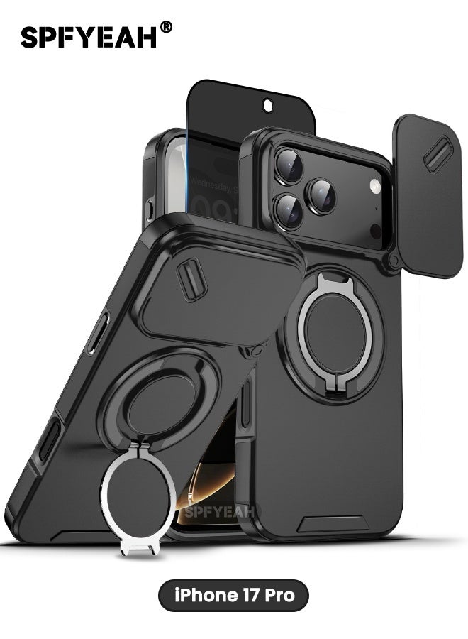 SPFYEAH [2-in-1] iPhone 17 Pro Case with Privacy Screen Protector, Slide Camera Cover, Built-in 360° Rotate Round Ring Kickstand, Heavy Duty Shockproof Back Cover for iPhone 17 Pro 6.3 inch (Black, 1+1 Pack) - Image 1