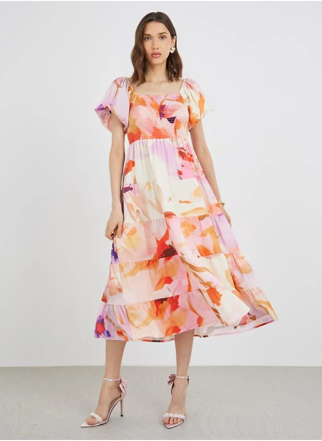Take Two Take Two Puff Sleeves Floral Print Smocking Detail Midi Dress