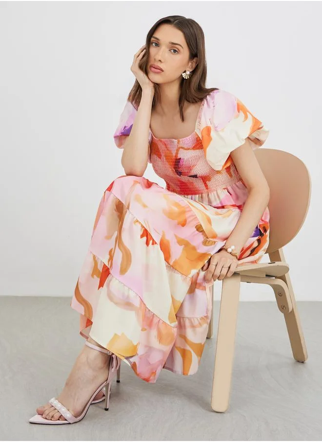 Take Two Take Two Puff Sleeves Floral Print Smocking Detail Midi Dress
