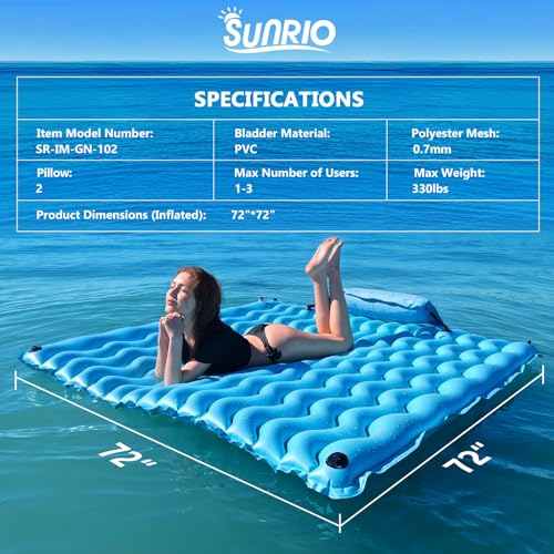Sunrio 2025 Upgrade 72''*72'' Giant Inflatable Floating Mat-Pool Float Lake Floats for Adults with Air Pillow Pool Mats for Floating Swimming Pool Beach Lake for Summer Water Party Blue - Image 5