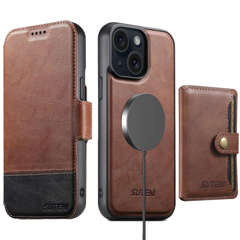 Suteni For Iphone 15 Q06S1 3-In-1 Splicing Detachable Wallet Magsafe Leather Phone Case(Brown) - Image 1