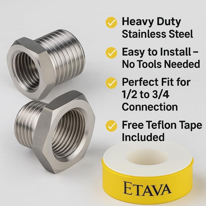 ETAVA 1/2 to 3/4 Reducer Bush (2Pcs) with Teflon Tape | Universal Adapter for Washing Machine, Dishwasher, Water Pipe & Angle Valve | وصلة محول قطعتين مع شريط تفلون للغسالة وصمام الزاوية - Image 2