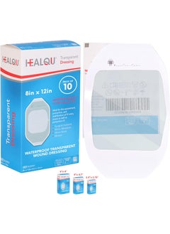 HEALQU Transparent Film Dressing, 8" x 12" Box of 10 - Waterproof Wound Bandage Adhesive Patches, Post Surgical Shower or IV Shield, Tattoo Aftercare Bandage by Healqu 