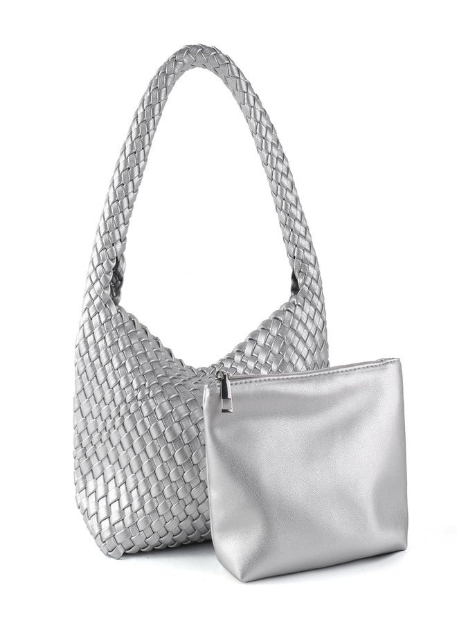 LIKEBAG Woven Handbag for Woman Vegan Leather Shoulder bag and Purse Small Fashion Shopper Totes Ladies Underarm Bags (Silvery) - Image 1
