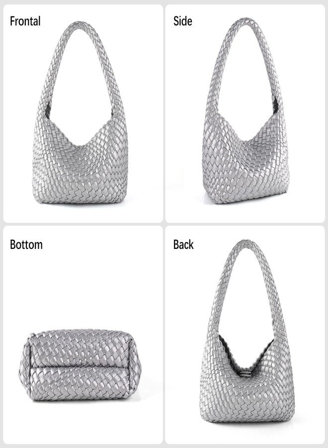 LIKEBAG Woven Handbag for Woman Vegan Leather Shoulder bag and Purse Small Fashion Shopper Totes Ladies Underarm Bags (Silvery) - Image 3