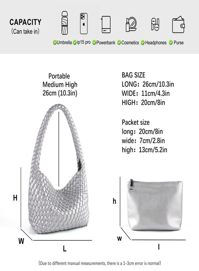 LIKEBAG Woven Handbag for Woman Vegan Leather Shoulder bag and Purse Small Fashion Shopper Totes Ladies Underarm Bags (Silvery) - Image 4