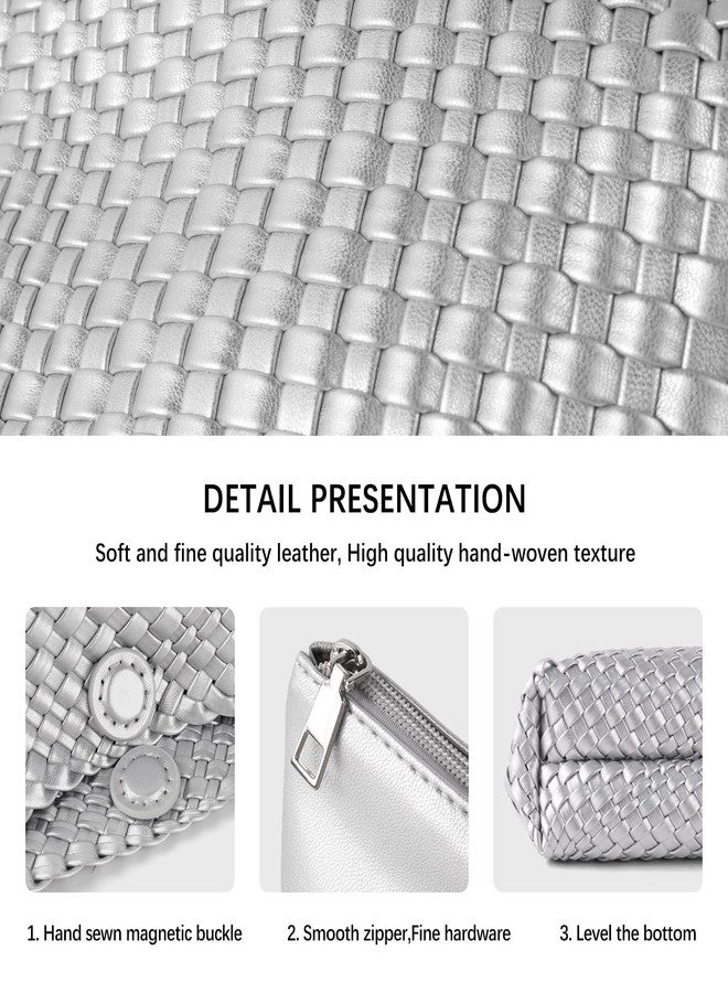 LIKEBAG Woven Handbag for Woman Vegan Leather Shoulder bag and Purse Small Fashion Shopper Totes Ladies Underarm Bags (Silvery) - Image 5