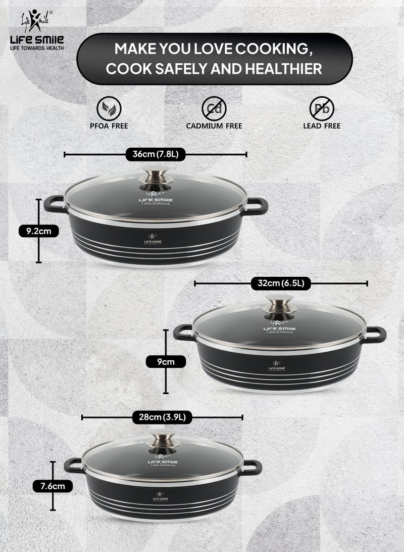 Life Smile 6-Piece Non-Stick Cookware Pot Set – Shallow Pots with Glass Lids (28 cm / 3.9 L, 32 cm / 6.5 L, 36 cm / 7.8 L) - Image 3