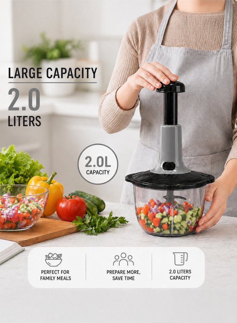 Toshionics Manual Food Processor Food Chopper 2.0L – Multifunctional Hand Push Vegetable Cutter with Stainless Steel Blades, Large Capacity Kitchen Chopper for Onion, Garlic, Meat and Salad - Image 3
