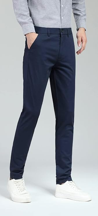 Plaid&Plain Men's Skinny Stretchy Navy Blue Pants Colored Pants Slim Fit Slacks Tapered Trousers 819 Navy Blue 32X32 - Image 3