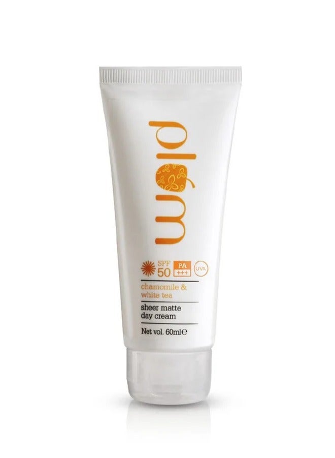 Plum Plum Chamomile & White Tea Sheer Matte Day Cream SPF50 Sun Protection Sun cream 60ml  - Image 1