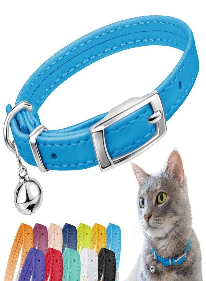 CollarDirect Soft Leather Cat Collar with Safety Elastic Strap - Light Blue - Image 1