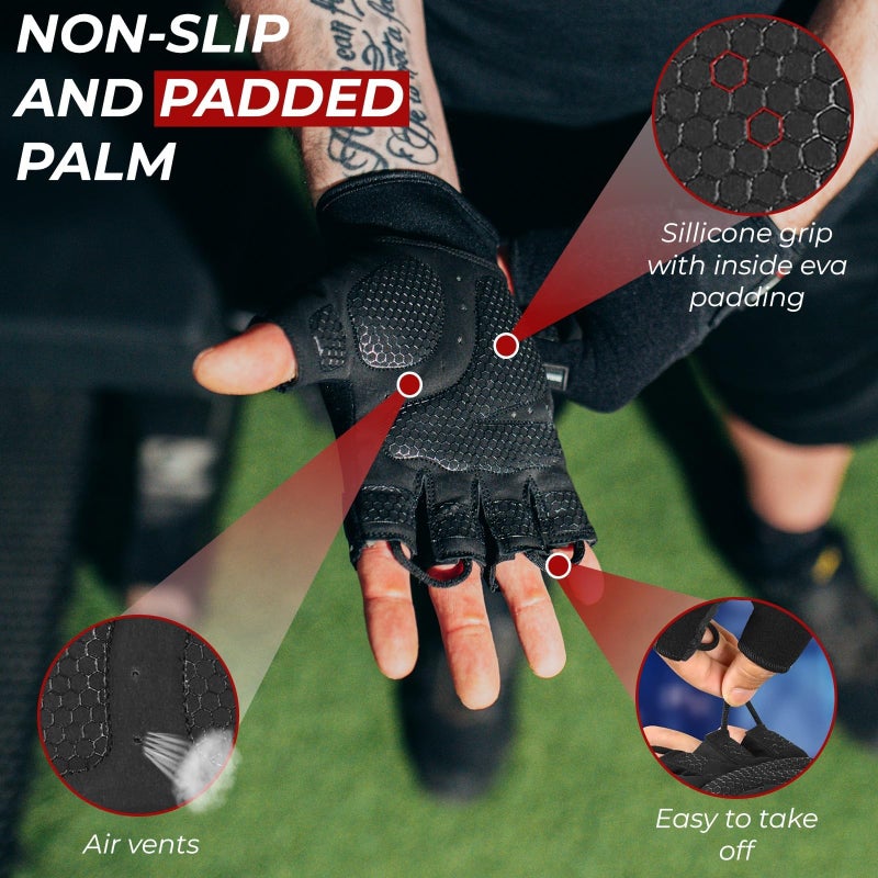 BEAST RAGE Workout Gloves for Men, Durable Palm Grip Gym Gloves Women Half Finger Elasticated Training Weight Lifting Strength Bodybuilding Anti Slip Cycling Glove Exercise (Jet Black, M) - Image 4