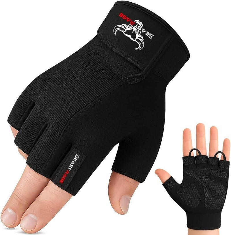 BEAST RAGE Workout Gloves for Men, Durable Palm Grip Gym Gloves Women Half Finger Elasticated Training Weight Lifting Strength Bodybuilding Anti Slip Cycling Glove Exercise (Jet Black, M) - Image 1