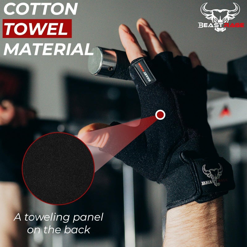 BEAST RAGE Workout Gloves for Men, Durable Palm Grip Gym Gloves Women Half Finger Elasticated Training Weight Lifting Strength Bodybuilding Anti Slip Cycling Glove Exercise (Jet Black, M) - Image 3