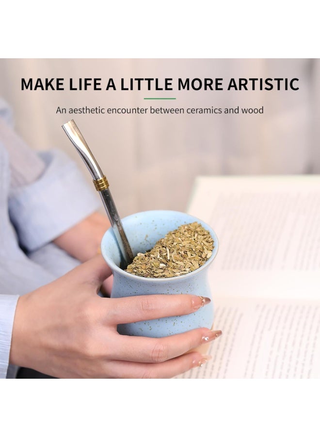 CUOPRU 8 OZ Ceramic Yerba Mate Cup with Original Wood Base, Includes Mate Gourd, Bombilla Straw and Cleaning Brush - Perfect for Traditional Yerba Mate and Modern Style Drinking Mug (Green) - Image 5