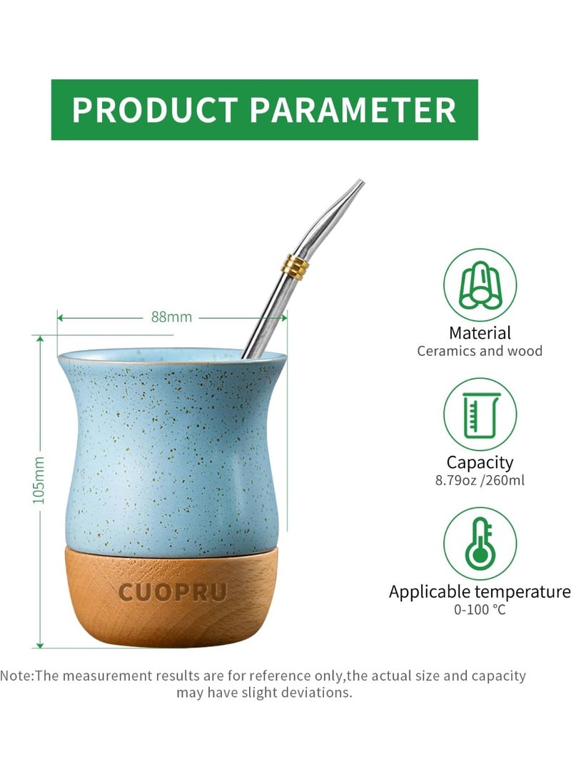 CUOPRU 8 OZ Ceramic Yerba Mate Cup with Original Wood Base, Includes Mate Gourd, Bombilla Straw and Cleaning Brush - Perfect for Traditional Yerba Mate and Modern Style Drinking Mug (Green) - Image 2