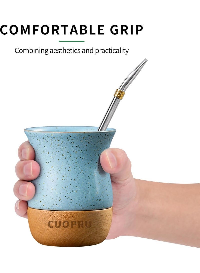 CUOPRU 8 OZ Ceramic Yerba Mate Cup with Original Wood Base, Includes Mate Gourd, Bombilla Straw and Cleaning Brush - Perfect for Traditional Yerba Mate and Modern Style Drinking Mug (Green) - Image 3