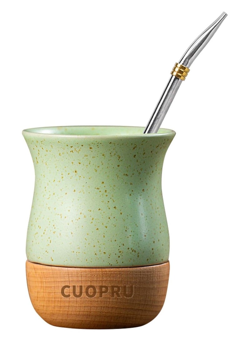 CUOPRU 8 OZ Ceramic Yerba Mate Cup with Original Wood Base, Includes Mate Gourd, Bombilla Straw and Cleaning Brush - Perfect for Traditional Yerba Mate and Modern Style Drinking Mug (Green) - Image 1