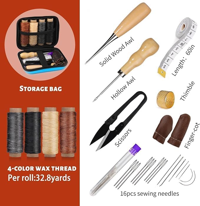 BIRZAR Leather Sewing Kit Leather Stitching Kit Leather Working Kit with Leather Needles Sewing Awl Waxed Thread Leather Upholstery Repair Kit Sewing Tools for Hand Stitching DIY Leather Craft - Image 3