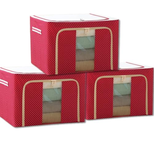 Raggle 3 PCS polycotton Clothes Storage Organizer Bins, Foldable Storage Bins-Cloth Steel Frame Storage Box with Foldable Clear Window & Reinforced Handles (Red, 66L-3) - Image 1