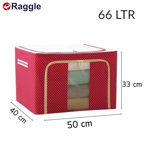 Raggle 3 PCS polycotton Clothes Storage Organizer Bins, Foldable Storage Bins-Cloth Steel Frame Storage Box with Foldable Clear Window & Reinforced Handles (Red, 66L-3) - Image 2