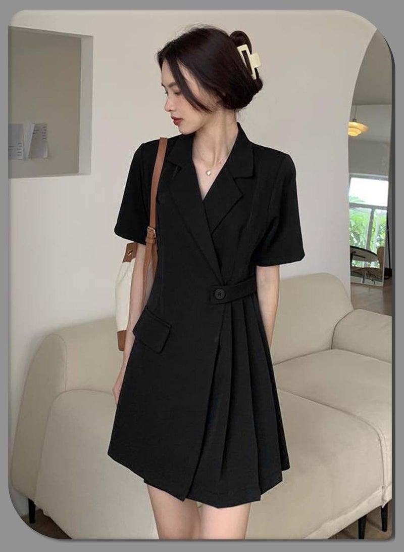 Moovant Elegant Black Suit Skirt for Women, Fashion Ladies Business Casual Lapel Short Sleeve High Waist Dress, Single Breasted Windbreaker Style Large Skirt Dress - Image 1