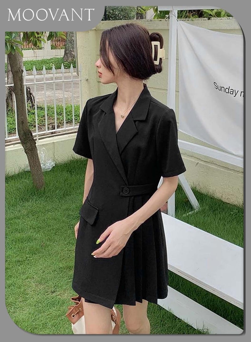 Moovant Elegant Black Suit Skirt for Women, Fashion Ladies Business Casual Lapel Short Sleeve High Waist Dress, Single Breasted Windbreaker Style Large Skirt Dress - Image 5