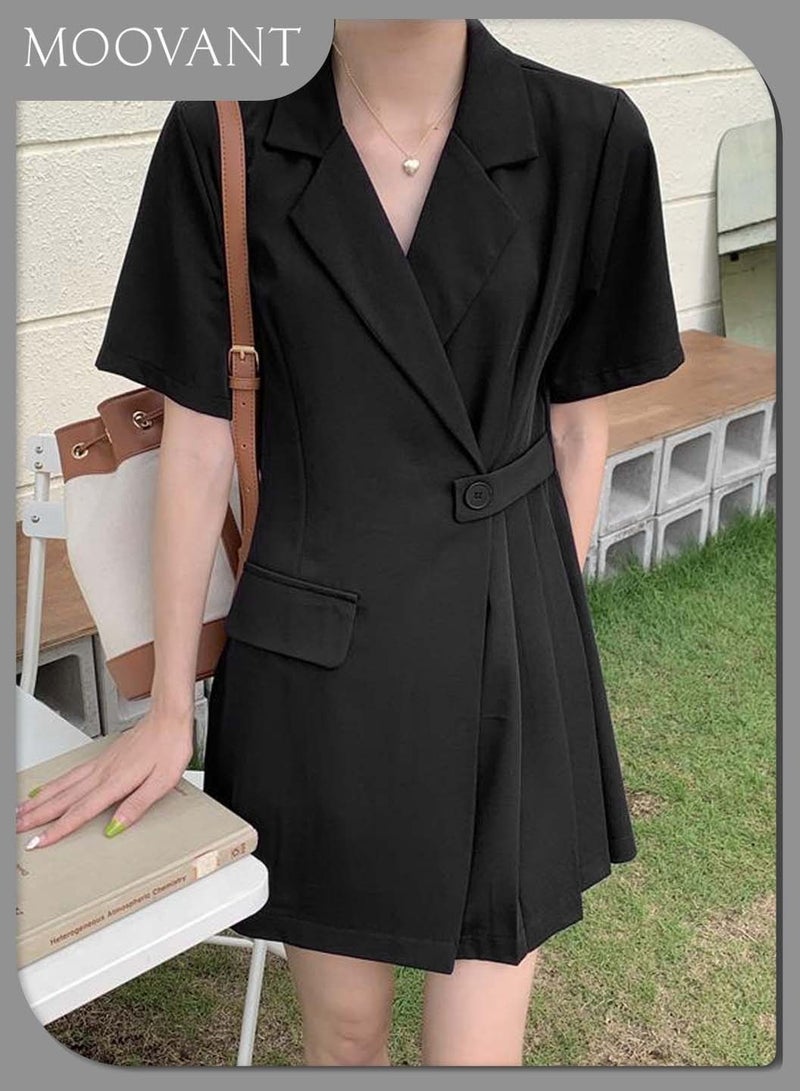 Moovant Elegant Black Suit Skirt for Women, Fashion Ladies Business Casual Lapel Short Sleeve High Waist Dress, Single Breasted Windbreaker Style Large Skirt Dress - Image 2