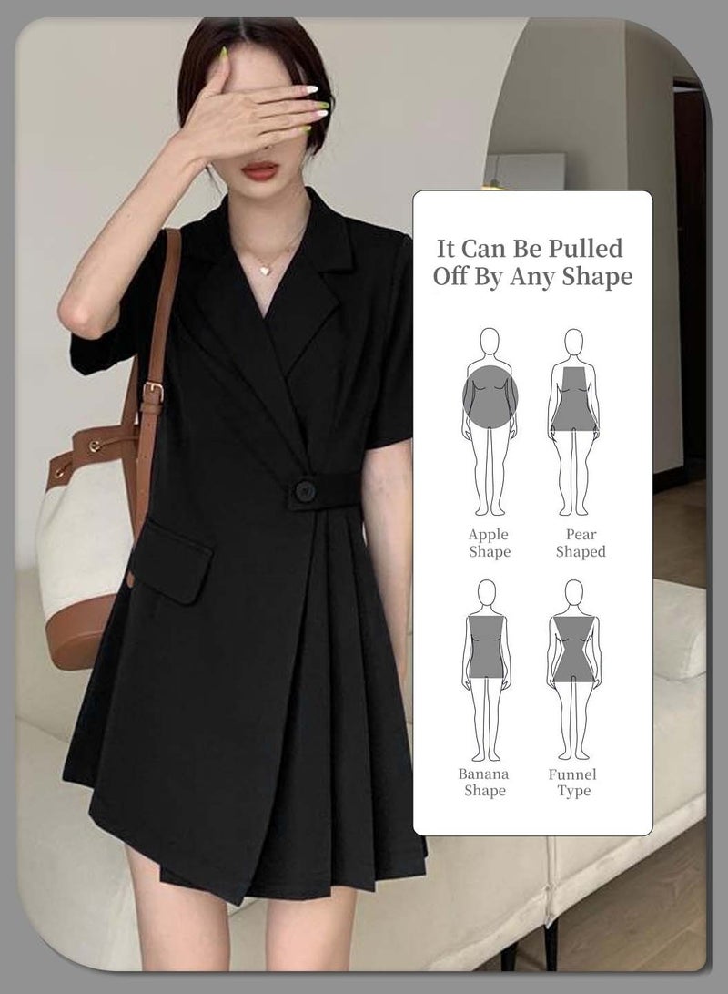 Moovant Elegant Black Suit Skirt for Women, Fashion Ladies Business Casual Lapel Short Sleeve High Waist Dress, Single Breasted Windbreaker Style Large Skirt Dress - Image 3