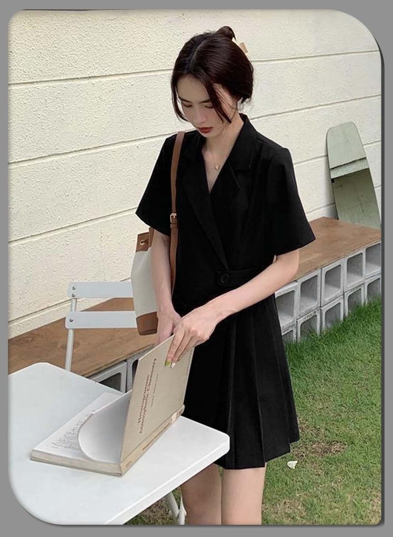 Moovant Elegant Black Suit Skirt for Women, Fashion Ladies Business Casual Lapel Short Sleeve High Waist Dress, Single Breasted Windbreaker Style Large Skirt Dress - Image 4