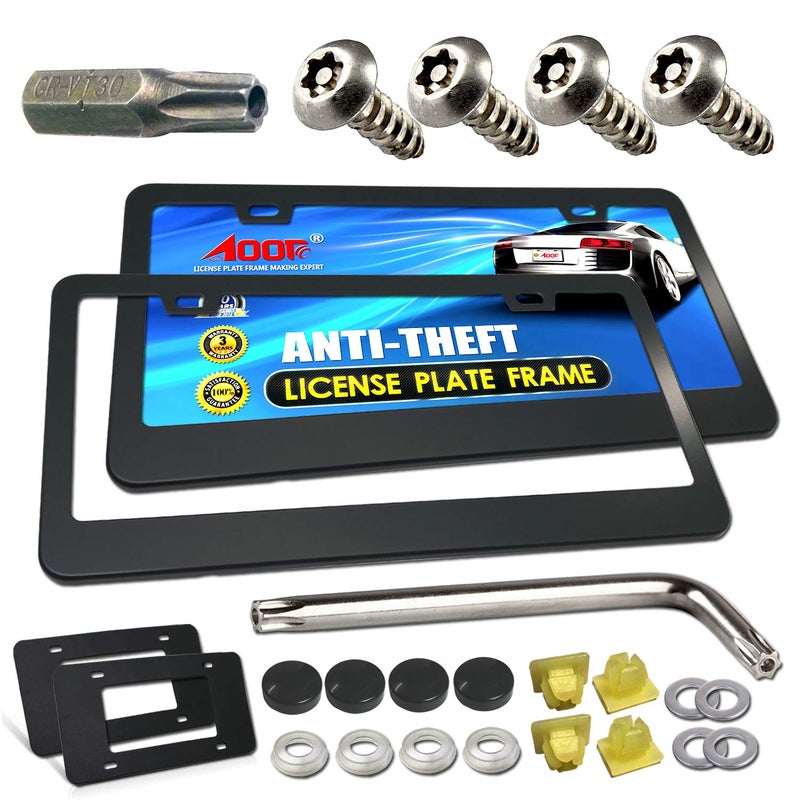 إطار لوحة ترخيص مضاد للسرقة من Aootf - إطار سيارة أسود من الألمنيوم مقاوم للتلاعب، عبوة 2، غطاء عالمي ثقيل للجهتين الأمامية والخلفية، براغي أمان من الفولاذ المقاوم للصدأ (ذاتية التثبيت)، صواميل، أغطية